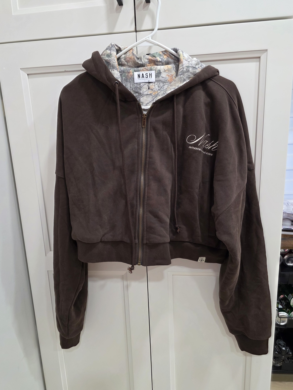 Nash NWOT Brown Cropped Zip-Up Hoodie with  Camo Patterned Lining